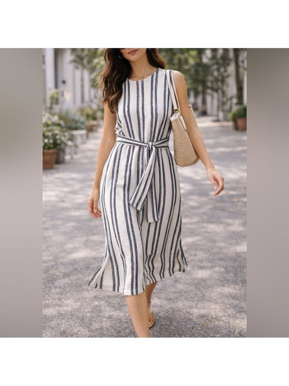 LOFT Textured Stripe Midi Dress Small Neutral Sleeveless Tie Waist